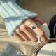 French Vintage Romantic White  Irregular Geometry Ring for Women's Rectangular Blue Gem Open Ring 